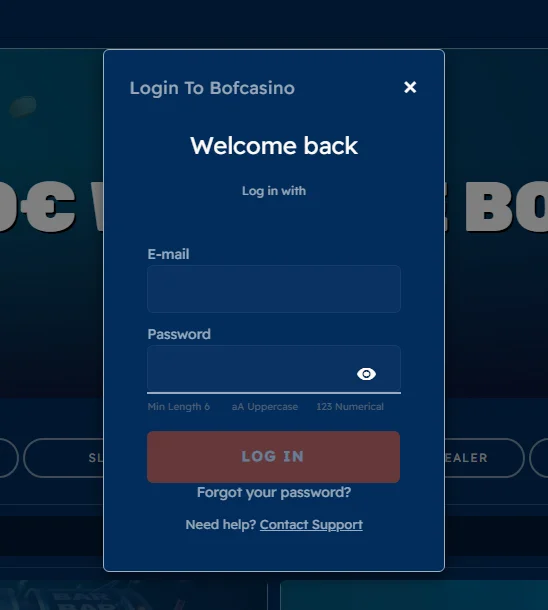 BOF Casino login form